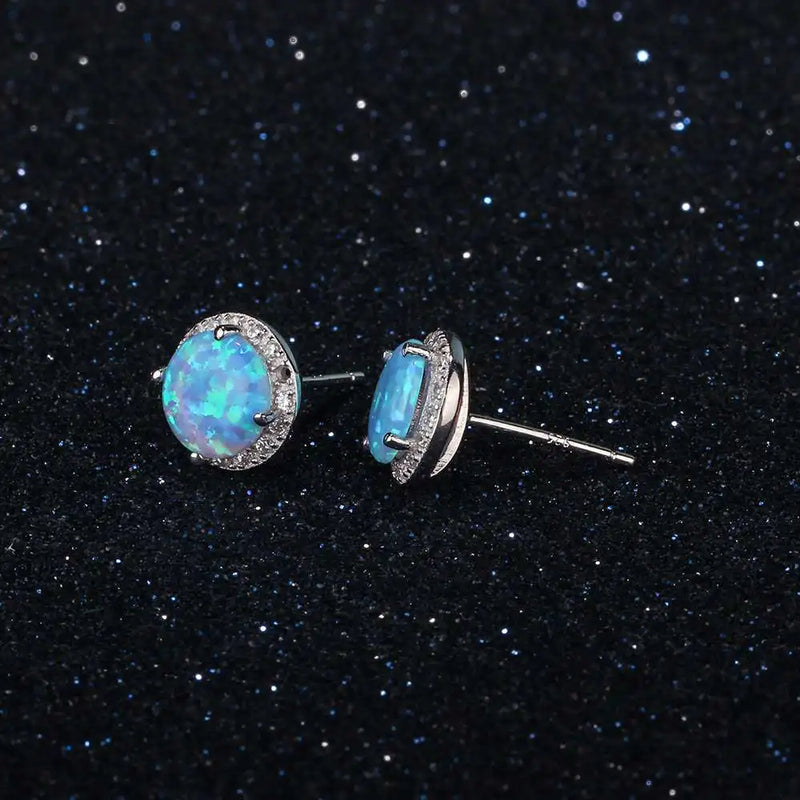 10mm Blue Opal Stone 925 Sterling Silver Stud Earrings Ocean Style Fashion Earrings for Women Gift for Her (Jewelora EA102018)