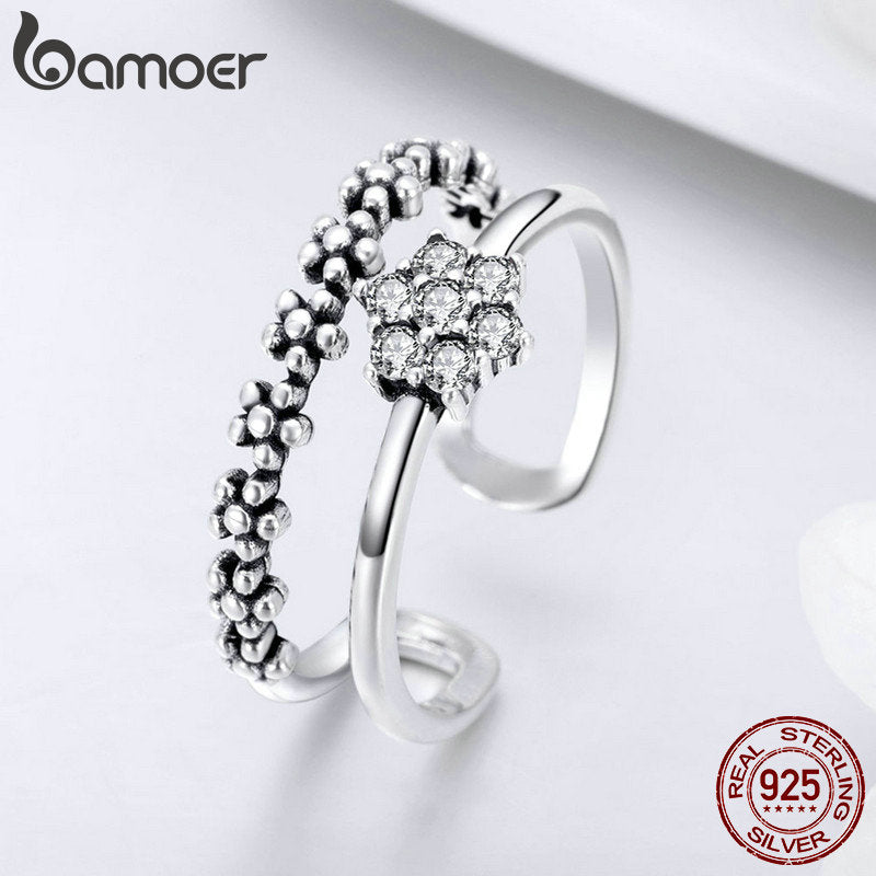 BAMOER Genuine 925 Sterling Silver Elegant Daisy Flower Finger Ring Adjustable Open Size Rings for Women Silver Jewelry SCR428