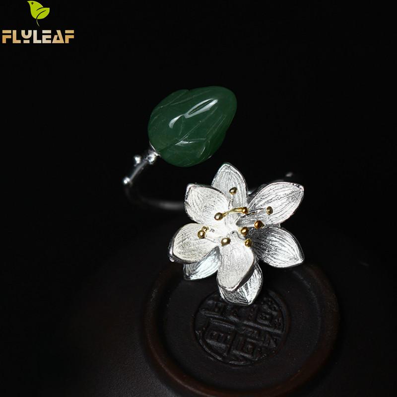 925 Sterling Silver Natural jade Lotus Flower Open Rings For Women Nation Style Lady fine Jewelry flyleaf