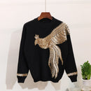 2020 Herbst Winter Gestrickter Damen-Trainingsanzug Pailletten Perlen Phönix Langarm Lockerer Pullover + Freizeithose Zweiteiler D1281