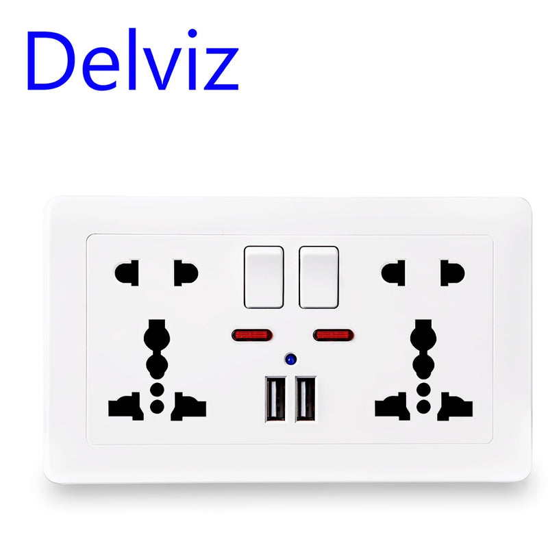 Delviz Wall Power Socket Universal 5 Hole, 2.1A Dual USB Charger Port,146mm*86mm, LED indicator, UK Standard USB Switched Outlet