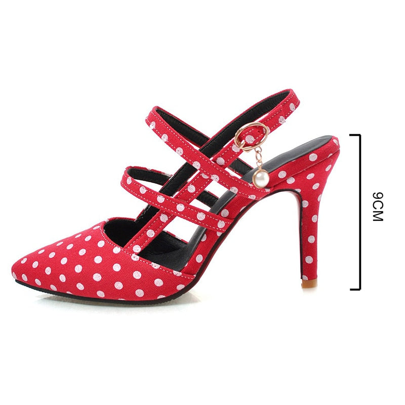 Shoes Woman Polka dot Pointed Toe Sandals Slip on High Heel Slides buckle pump Summer zapatos mujer Black white mixed color