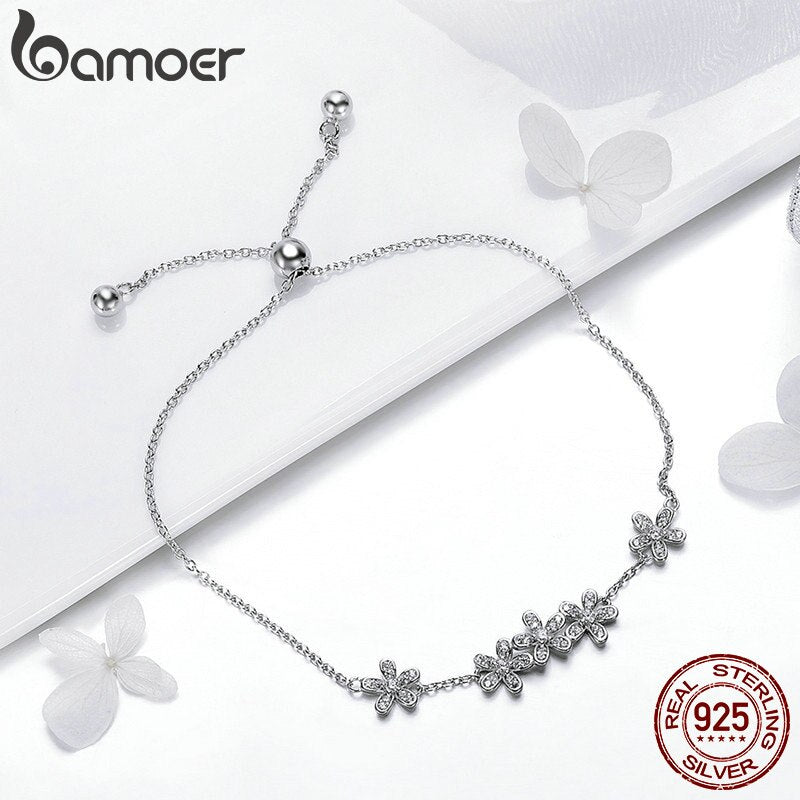 BAMOER Genuine 925 Sterling Silver Luminous Daisy Flower Women Bracelets Clear CZ Fashion Bracelet Jewelry Making Gift SCB084