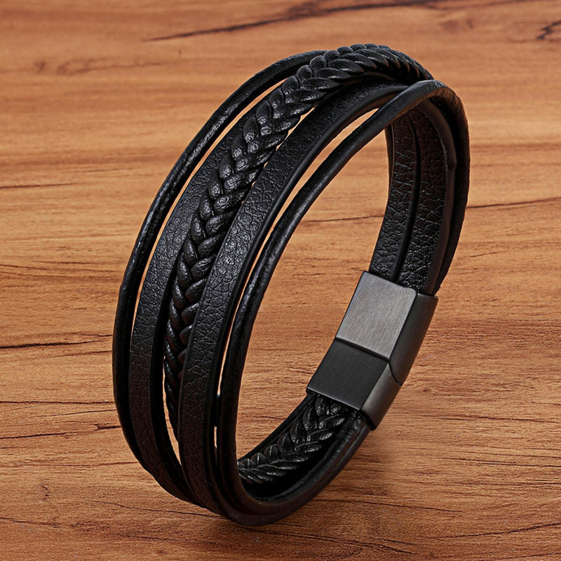 TYO Stainless Steel Top Quality Jewelry Male Black/Brwon Leather Bracelet Men Braided Multilayer Fashion Punk Wholesale