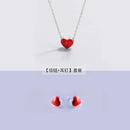 925 silver Needle Earrings+necklace for Women Jewelry Sets Cute Tiny Red Glaze Heart Stud Earrings For Girls Kids Lady Gift