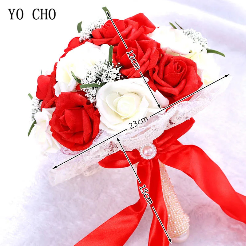 YO CHO Bridal Wedding Bouquet Bridesmaid Artificial PE Rose Flower Fake Pearl Pink Bouquet Wedding Supplies Festival Decorations