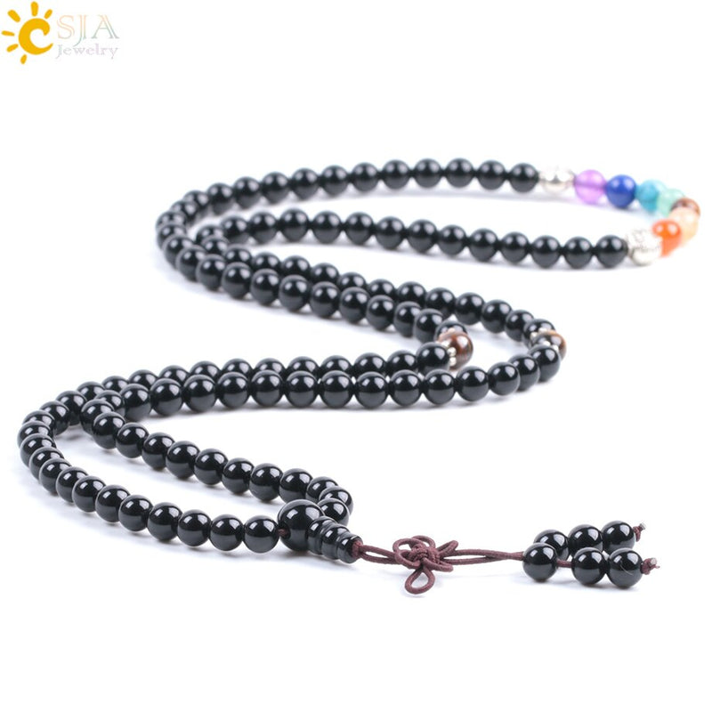 CSJA Natural Gem Stone Black Onyx 108 Rosary Mala Beads Men Wrapped Handwork Bracelets 7 Chakra Tibetan Buddhist Meditation F007