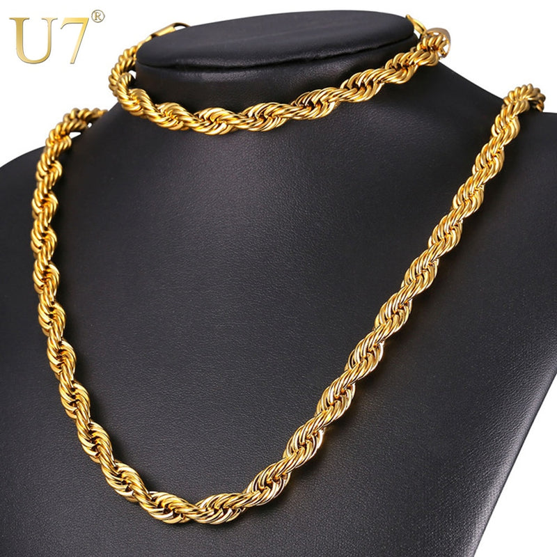 U7 Stainless Steel 9MM Twisted Rope Chain Necklace Set Wholesale Chain Necklace And Bracelet Men Jewelry Sets S840