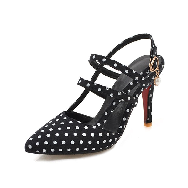 Shoes Woman Polka dot Pointed Toe Sandals Slip on High Heel Slides buckle pump Summer zapatos mujer Black white mixed color