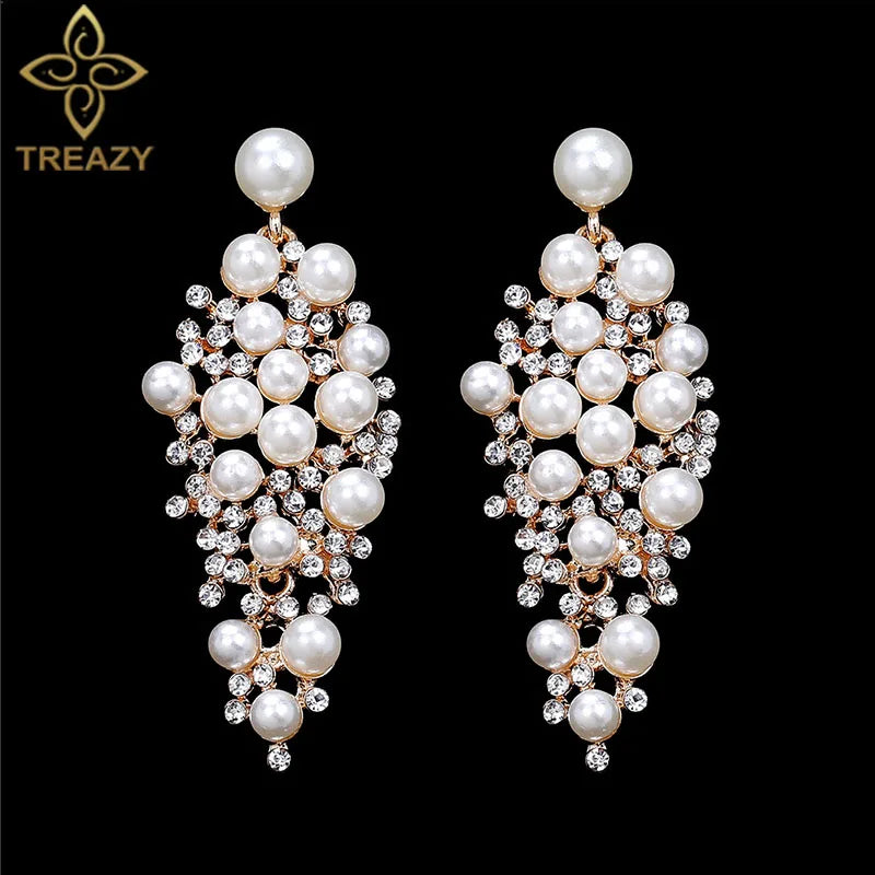 TREAZY Gold Color Bridal Drop Earrings Simulated Pearl Crystal Statement Earrings for Women Wedding Party Jewelry Gift