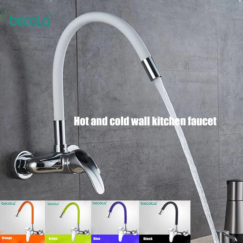 LANGYO Hot and cold wall faucet Kitchen sink mixer Double hole faucet Universal rotation Copper faucet Basin Wash hand basin tap