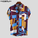 INCERUN Sommer Herren Strandhemd Geometrischer Druck Kurzarm Revers-Ausschnitt Knopf Freizeit Hawaii-Hemden Herren 2023 Streetwear S-5XL