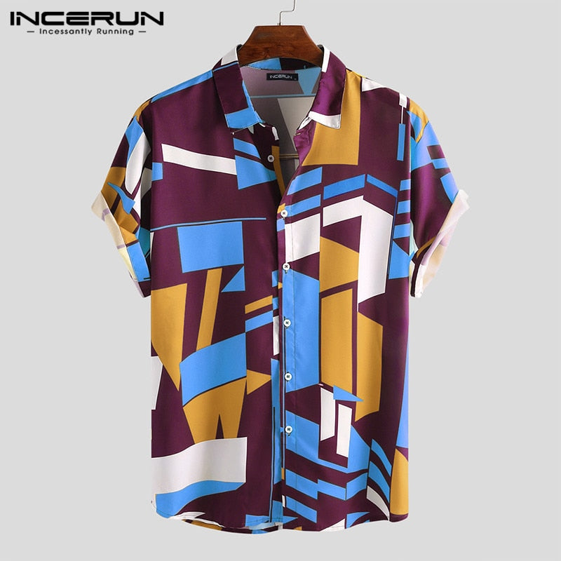 INCERUN Summer Men Beach Shirt Geometric Print Short Sleeve Lapel Neck Button Leisure Hawaiian Shirts Men 2023 Streetwear S-5XL