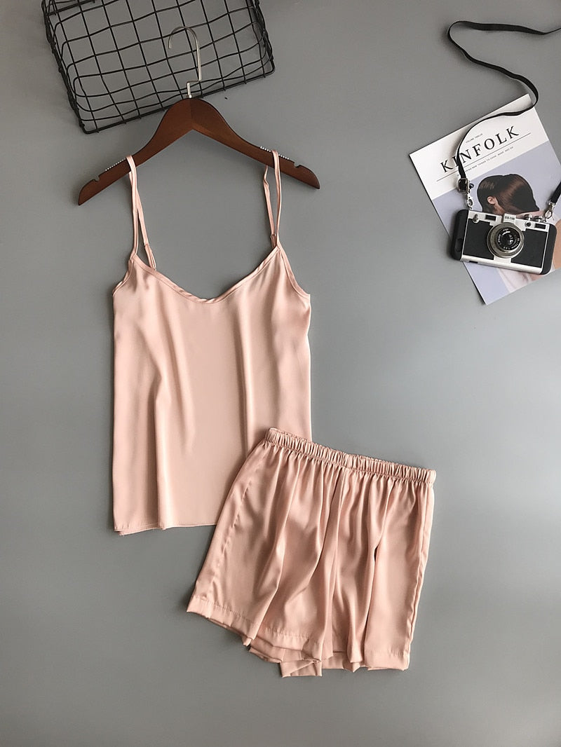 Ice Silk Twinset Korean Solid Color Women Pajamas Camisole Pajama Set Woman Summer Vest Shorts Suit