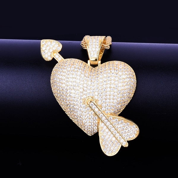 Heart Arrow Pendant Necklace Gold Color AAA Cubic Zircon Men's Hip Hop Rock Jewelry