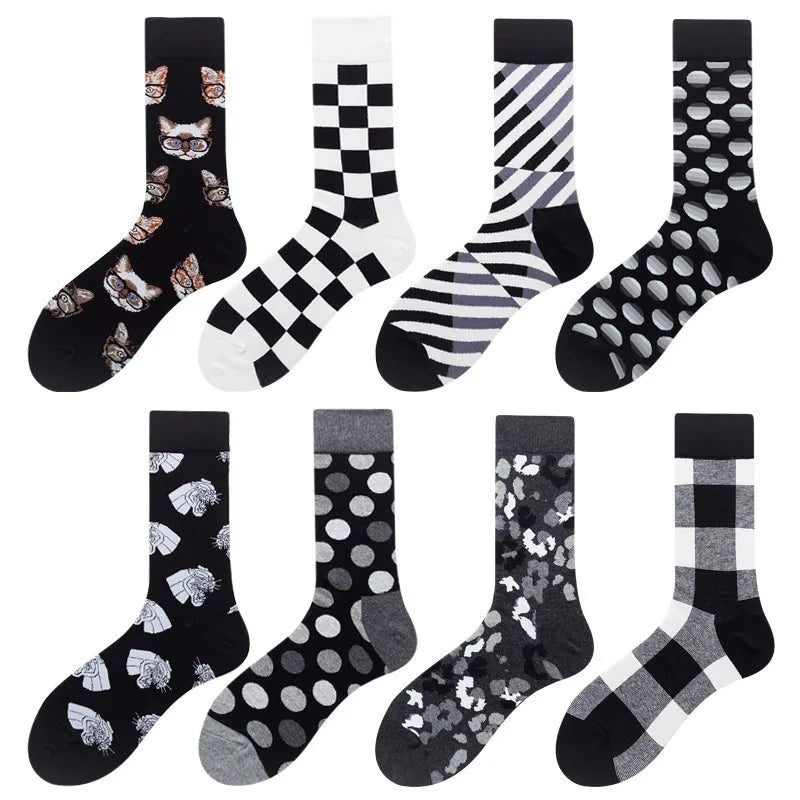 PEONFLY Harajuku Style Men Socks Black White Plaid Dot Cat Pattern Happy Socks New 2019 Hip Hop Combed Cotton Calcetines