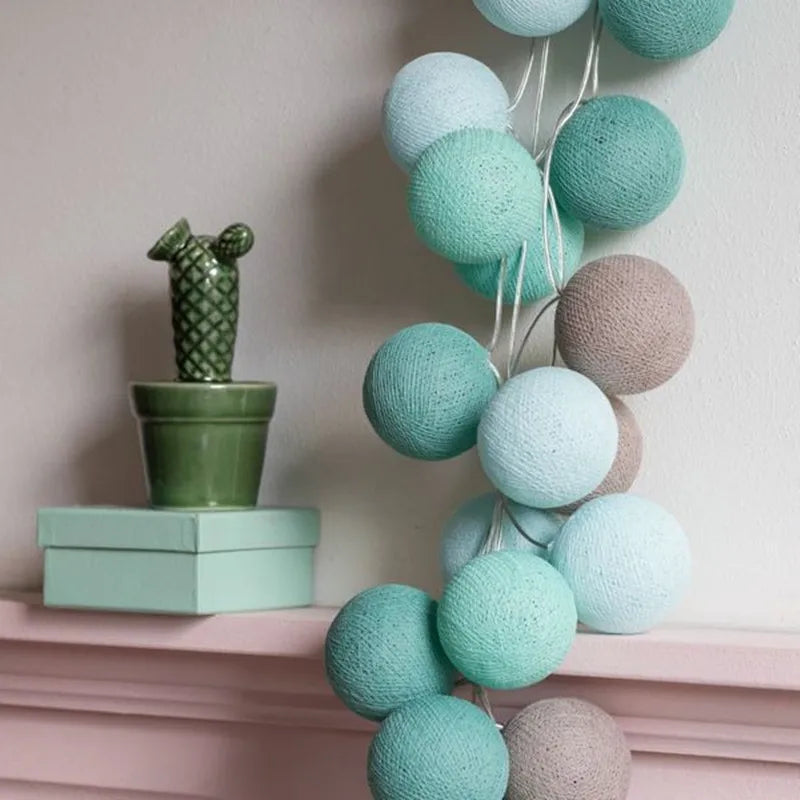 Turquoise+Mint+Sky Blue+Light Gray Mix Cotton Ball String Lights Bedroom Fairy Nursery Night Lamp Garland Holiday