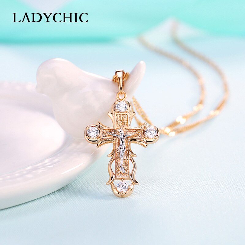 LADYCHIC Fashion Women AAA Zircon Cross Pendant Gold Color Copper Crystal Jesus Cross Pendants Necklace Hip Hop Jewelry LN1060