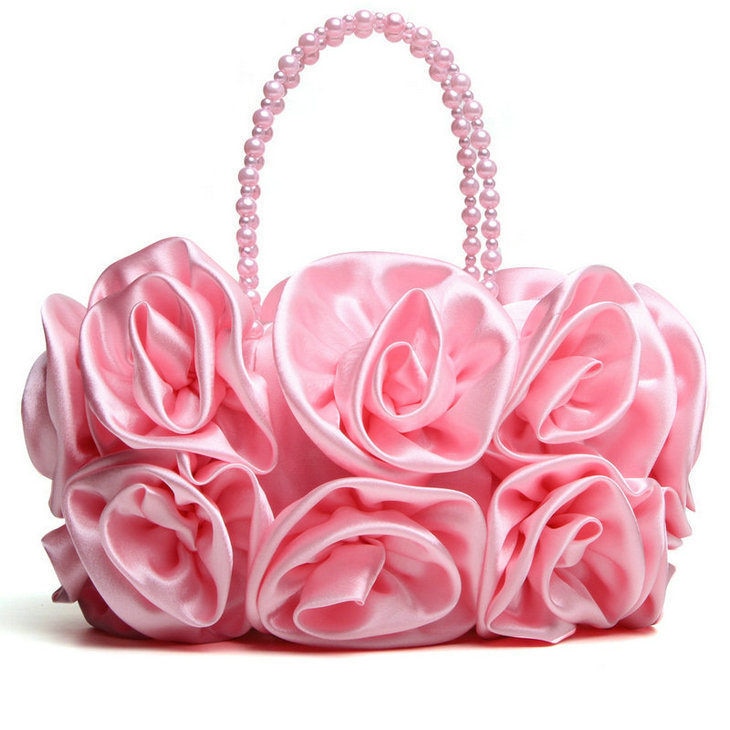 Boutique De FGG Red Flower Rose Bush Women Satin Evening Purse Beaded Handle Totes Bag Wedding Handbag Bridal Clutch