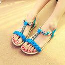 Women Sandals Summer Flat Heel Bohemian Sandals 2019 New Rhinestone Mixed Color Ladies Elastic Band Open Toes Beach Shoes