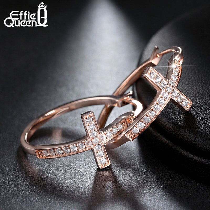 Effie Queen Hot Sale Big Hoop Earrings with CZ Diamonds Classic Cross Style Clip Design  Women&