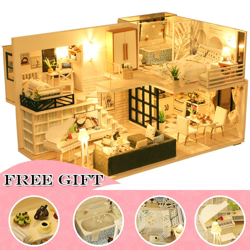 Cutebee DIY Doll House Miniature with Furniture LED Music Dust Cover Model Building Blocks Toys for Children Casa De Boneca M21