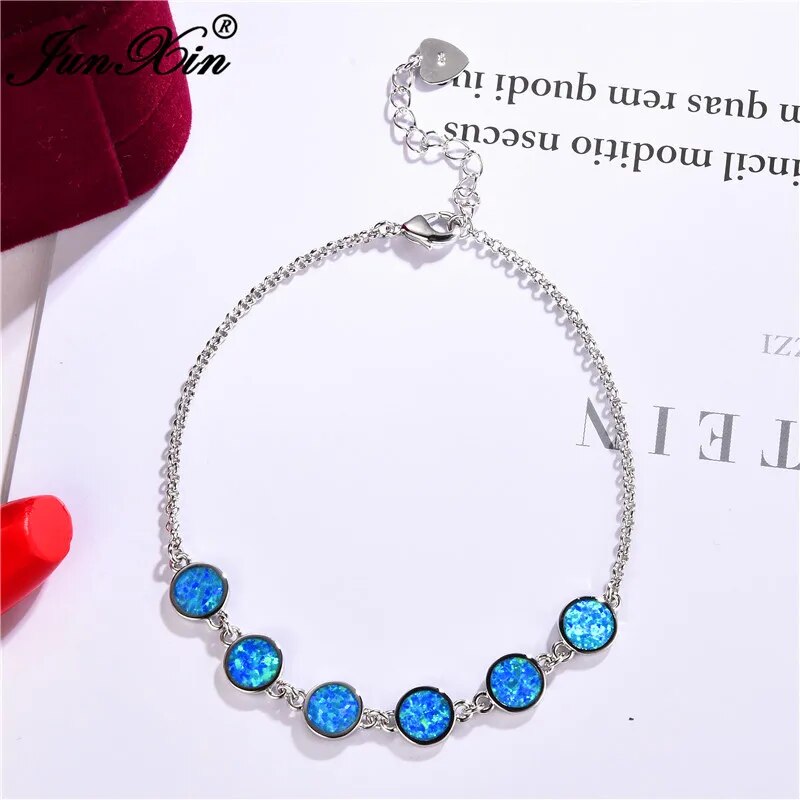 Cute Boho Female Blue Fire Opal Bracelet Unique Style Silver Color Chain Bracelets For Women Fashion Wedding Jewelry