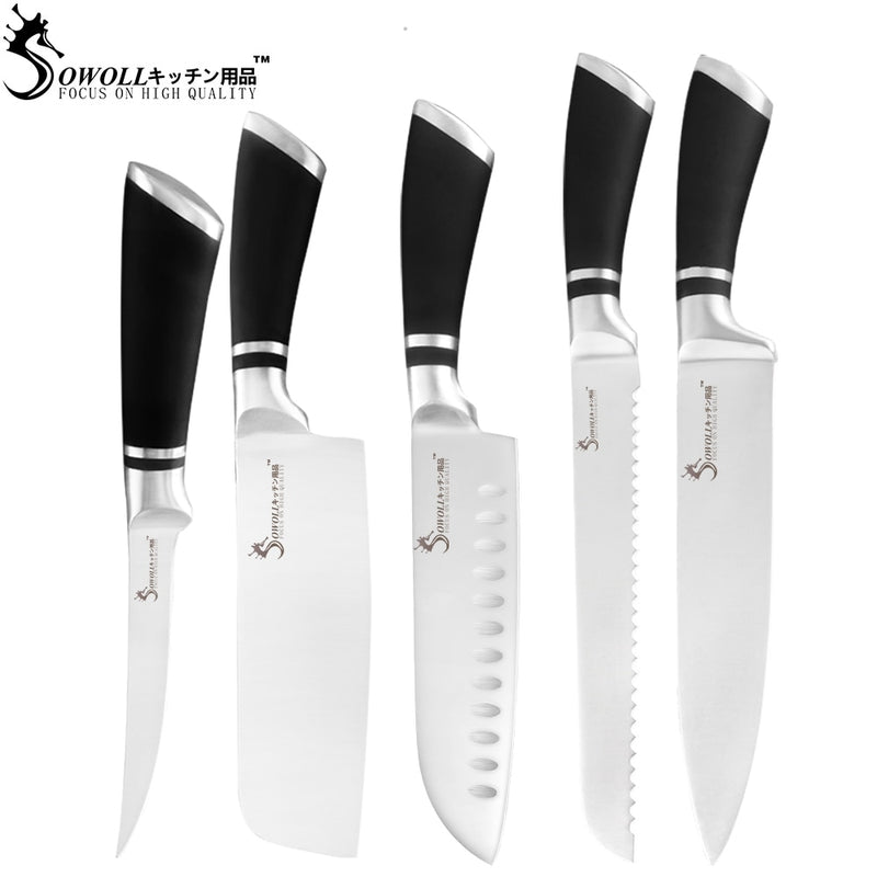 Sowoll 9pcs Stainless Steel Knives Set Non-slip Handle Chef Chopping Boning Cleaver Kitchen Knives Cooking Household Tools