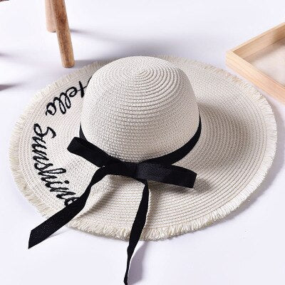 Handmade Weave letter Sun Hats For Women Black Ribbon Lace Up Large Brim Straw Hat Outdoor Beach hat Summer Caps Chapeu Feminino