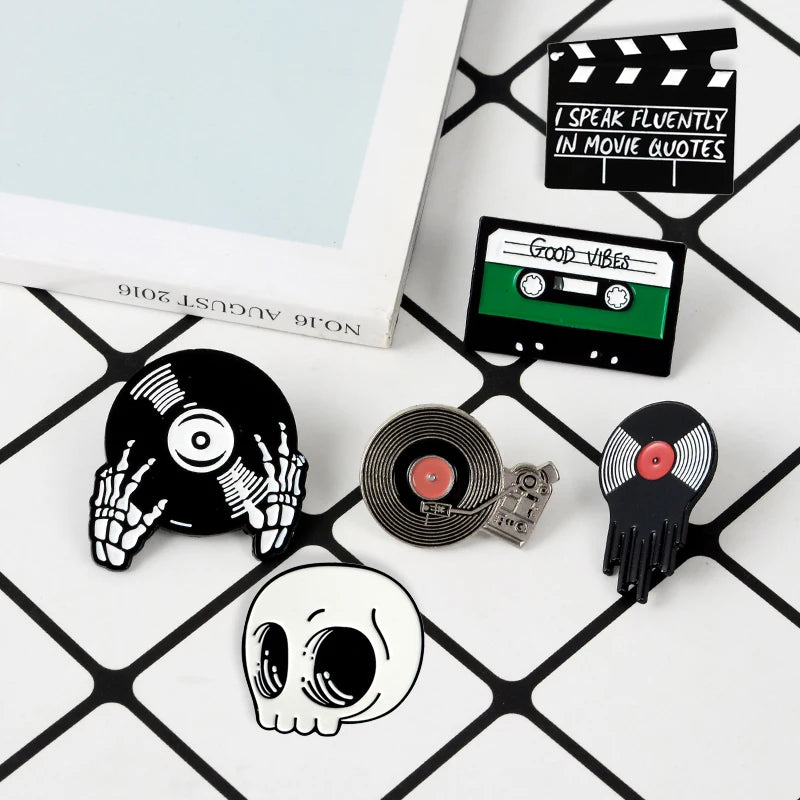Punk Music Lovers Pin Skeleton DJing Vinyl Record Player Enamel Pin Badge Tape Lapel Pins Brooches Shirt Bag Cool Gothic Jewelry