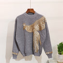 2020 Herbst Winter Gestrickter Damen-Trainingsanzug Pailletten Perlen Phönix Langarm Lockerer Pullover + Freizeithose Zweiteiler D1281