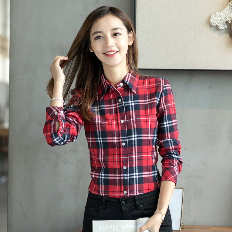 2022 Spring New Fashion Casual Lapel Plus Size Blouses Women Plaid Shirt Checks Flannel Shirts Female Long Sleeve Tops Blouse