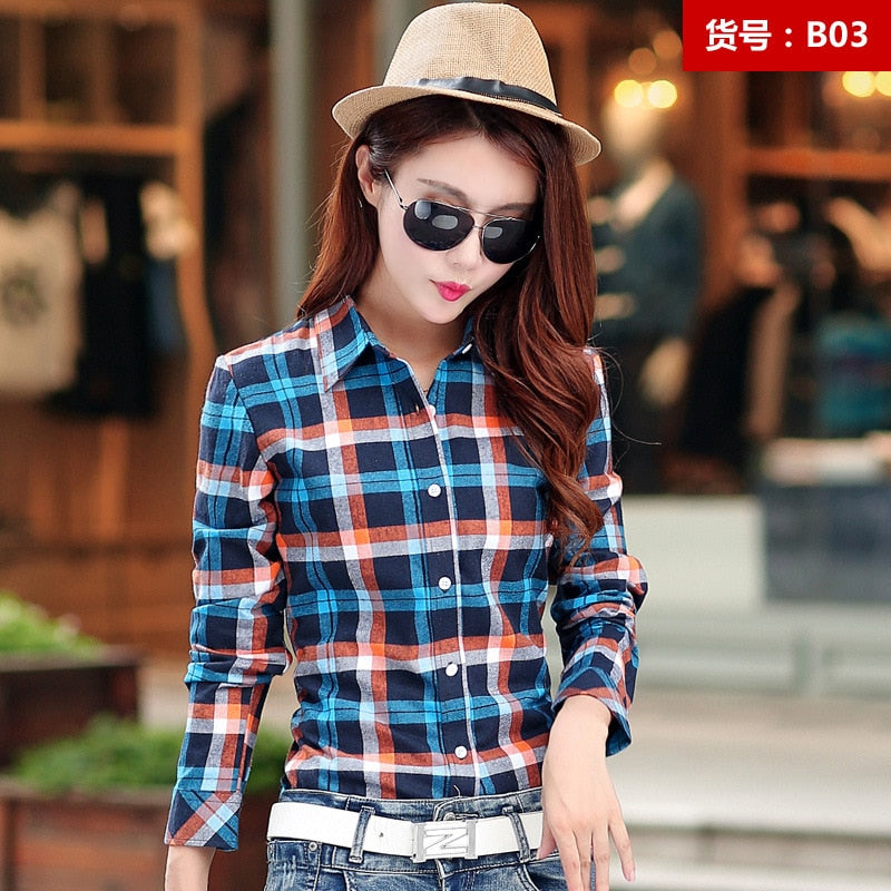 2022 Spring New Fashion Casual Lapel Plus Size Blouses Women Plaid Shirt Checks Flannel Shirts Female Long Sleeve Tops Blouse