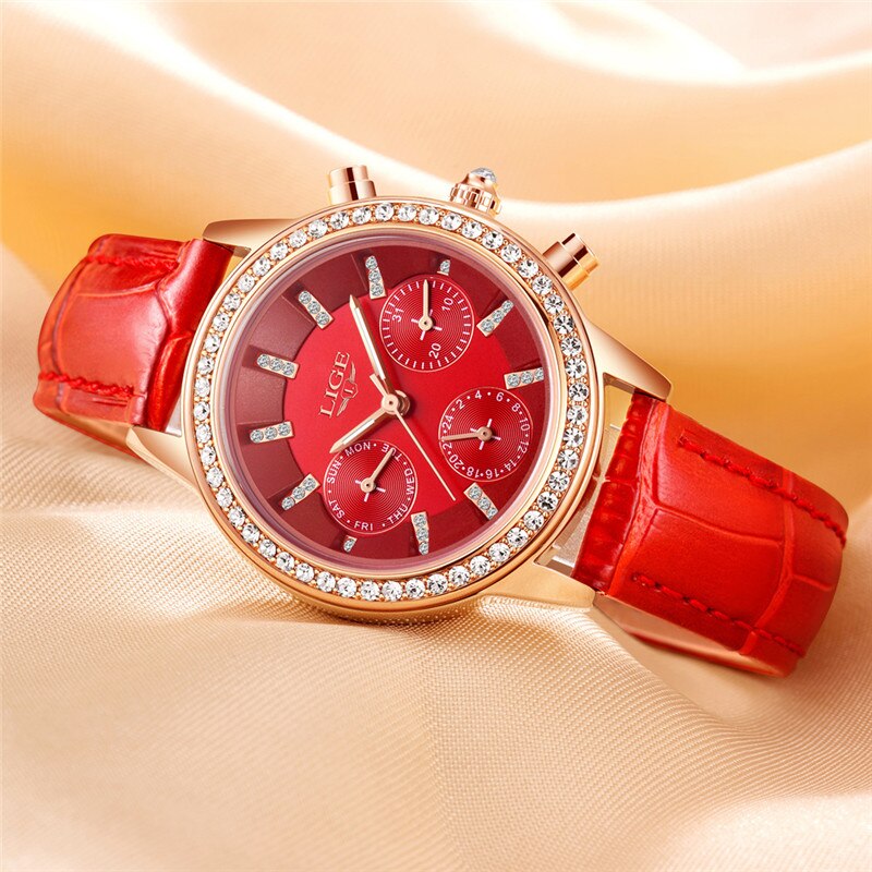 LIGE Top Luxury Brand Women Watches Leisure fashion Leather Quartz Ladies Diamond Dress watch Female gift Relogio Feminino+Box