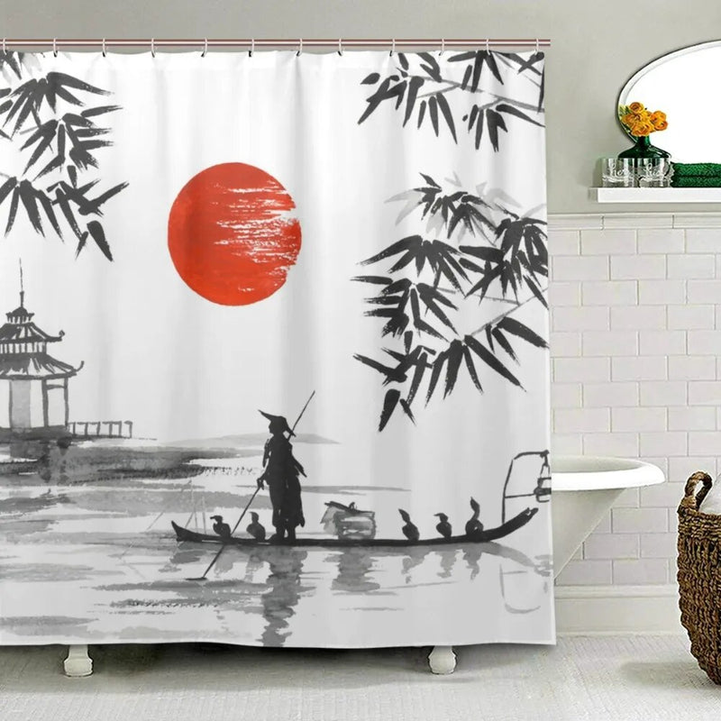 100% Polyester Fabric Shower Curtain Japanese Painting Man With Boat Pattern Print Bathroom Decorative Shower Bath Curtains