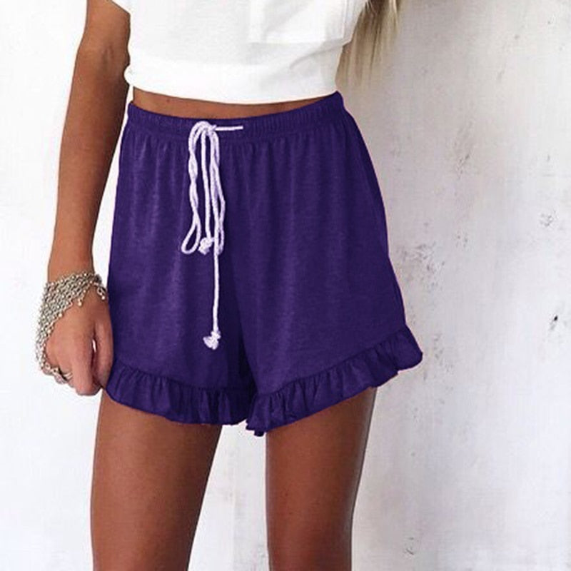 Fashion Ruffle Hem Belted Women Shorts Casual Loose Solid Shorts Cotton Linen Short Pants Women High Waist Summer