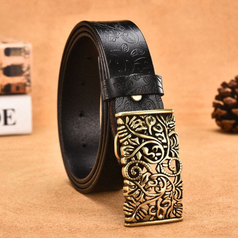 COOLERFIRE Genuine Cowskin Leather Belts For Women Carved Design Retro Metal Women Strap Female High Quality Belts LB015