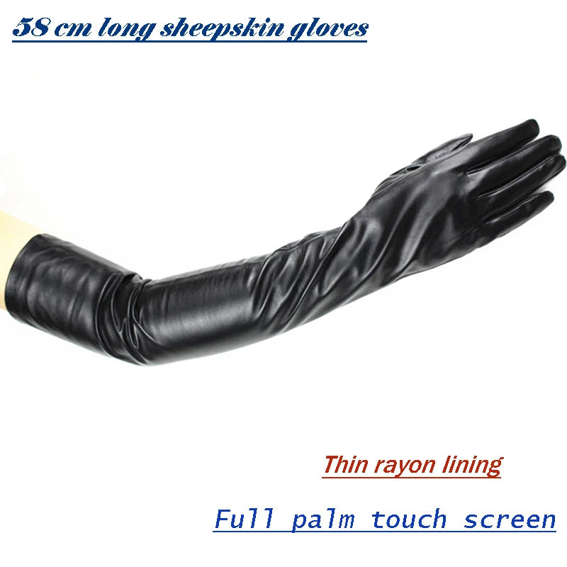Long Sheepskin Gloves Women's Genuine Leather 58cm Length Sleeve Velvet Lining Keeps Warm in Autumn and Winter