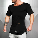 Muscleguys Brand 2023 New Fashion Solid Ripped T Shirt Mens Hip Hop Extend T Shirt Men Destroy Hole Cotton Fitness T shirt Homme
