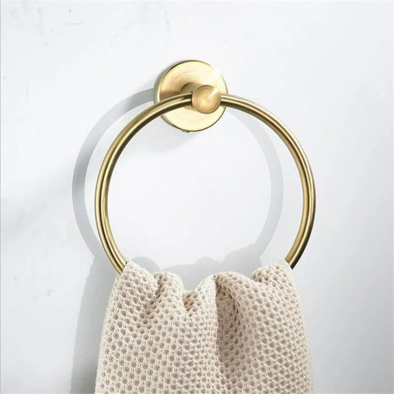 Towel Ring Black/Brushed Gold Stainless Steel Wall Hanging Drill Hole Towel Storage Rack Bathroom Accessories Round Towel Holder