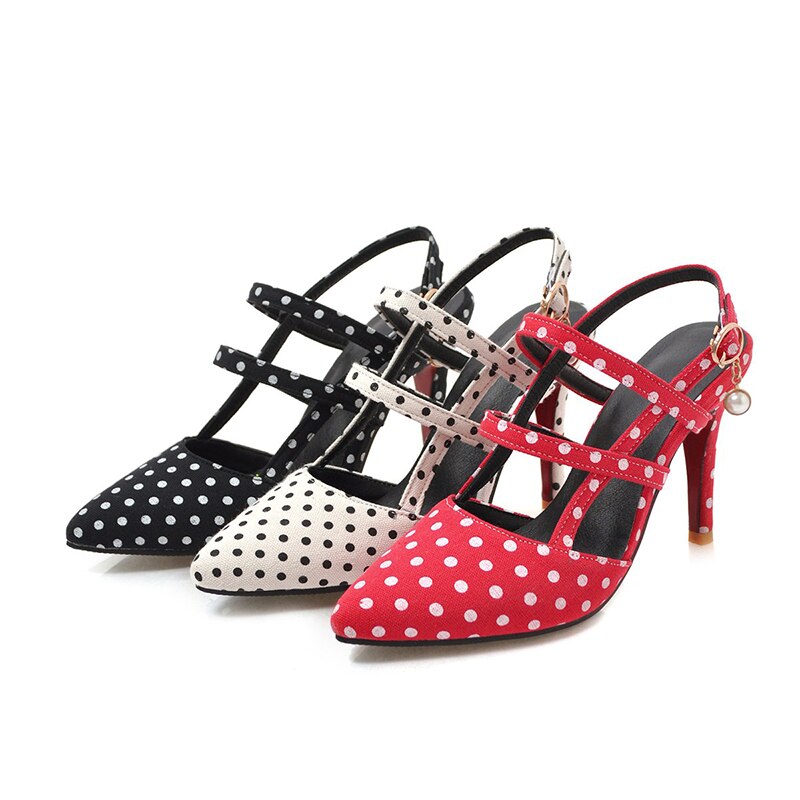 Shoes Woman Polka dot Pointed Toe Sandals Slip on High Heel Slides buckle pump Summer zapatos mujer Black white mixed color