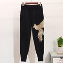 2020 Herbst Winter Gestrickter Damen-Trainingsanzug Pailletten Perlen Phönix Langarm Lockerer Pullover + Freizeithose Zweiteiler D1281