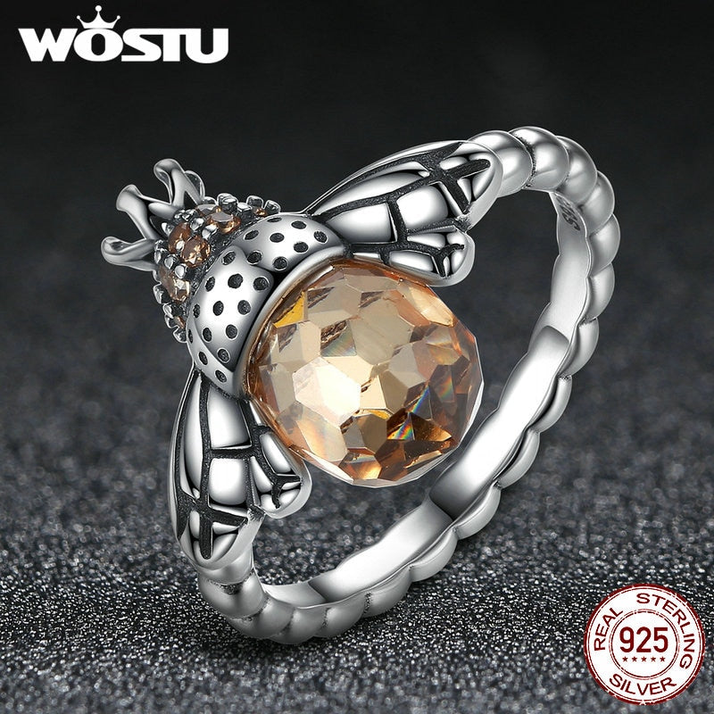 WOSTU Hot Authentic 100% 925 Sterling Silver Queen Bees Yellow CZ Crystal Rings for Women Wedding Jewelry Accessories CQR025