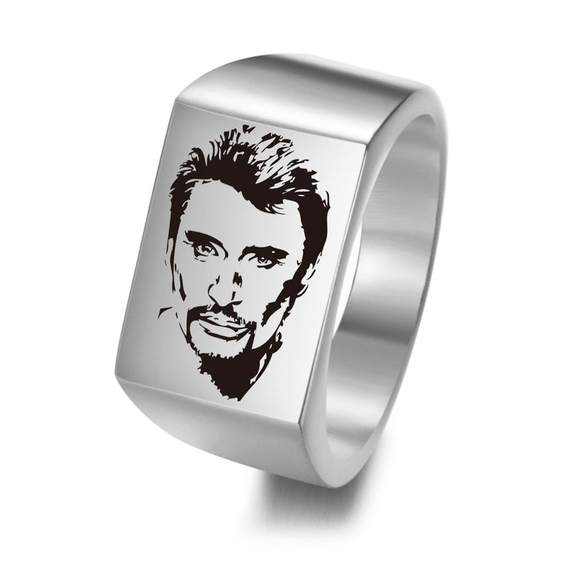 Johnny Hallyday Photo Punk Rock Wide Rings Signet for Men Males Finger Jewelry Stainless Steel Hip Hop