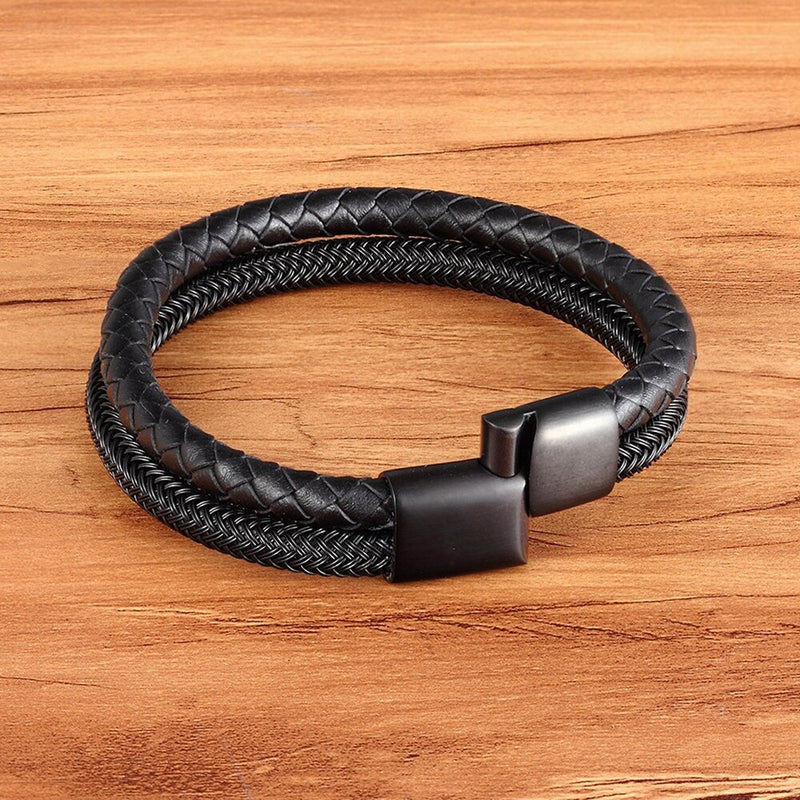 TYO Stainless Steel Wire Cable Magnetic Clasp Double Layered Bracelet Braided Genuine Leather Chain Bracelet Mens Women Jewelry