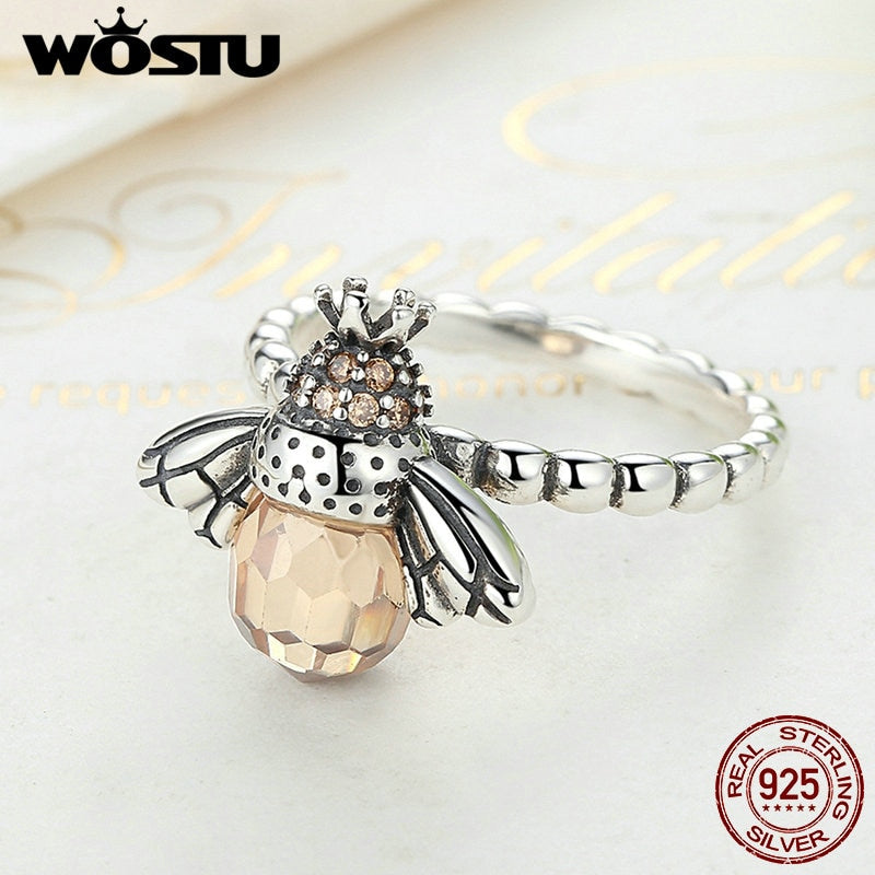 WOSTU Hot Authentic 100% 925 Sterling Silver Queen Bees Yellow CZ Crystal Rings for Women Wedding Jewelry Accessories CQR025