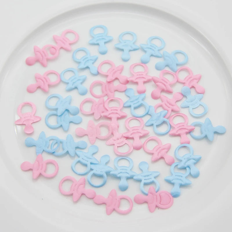 100Pcs Baby Shower Pink Blue Fabric Bibs Pacifiers Feeder Confetti Birthday Sprinkles For Boy/Girl Party Decorations Supplies