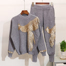 2020 Herbst Winter Gestrickter Damen-Trainingsanzug Pailletten Perlen Phönix Langarm Lockerer Pullover + Freizeithose Zweiteiler D1281