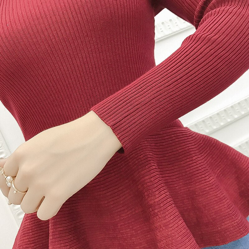 2021 Autumn Winter Long Sleeve Ruffle Pullover Women Sweater Knitted Sweaters O-Neck Tops Korean Pull Femme Jumper Female Black