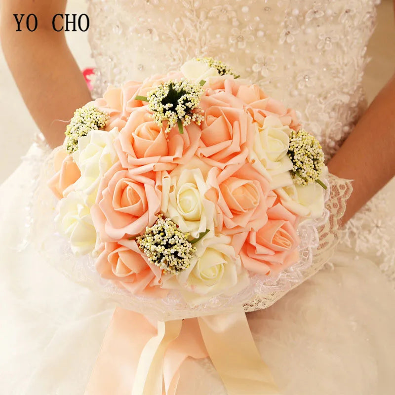 YO CHO Bridal Wedding Bouquet Bridesmaid Artificial PE Rose Flower Fake Pearl Pink Bouquet Wedding Supplies Festival Decorations